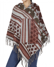 Ethno, hippie poncho with long pointed hood - beige/brown