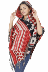Ethno, hippie poncho with long pointed hood - red/beige
