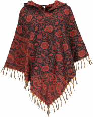 Ethno, hippie poncho with long pointed hood - red/black