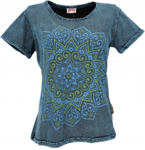 Boho mandala print stonewashed t shirt - blue
