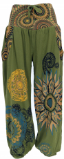Wide waistband harem pants with boho print - olive green