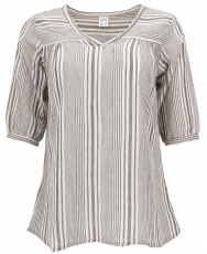 Light cotton blouse, striped boho slip blouse with V-neck - gray/..