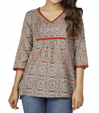 Hand printed boho blouse, airy cotton blouse - rust red/beige