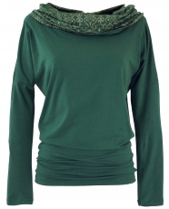 Organic cotton loose long shirt, boho shirt shawl hood - emerald ..
