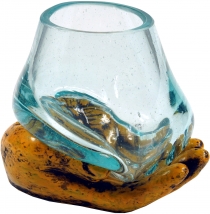 Hand blown glass tealight jar on open hand - yellow