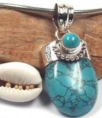 Ethno Silver Pendant, Indian Boho Chain Pendant - Turquoise