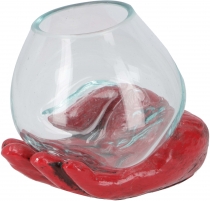 Hand blown glass tealight jar on open hand - red