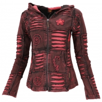 Goa patchwork jacket, boho hooded jacket - black/bordeaux red