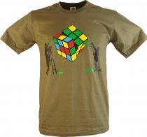 Fun retro art t-shirt `The magic of the cube` - brown