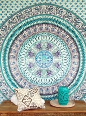 Boho-Style Wandbehang, indische Tagesdecke Mandala Druck- grün/tü..