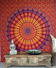 Boho style wall hanging, Indian bedspread Mandala print- red/oran..