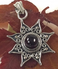 Ethno silver pendant, Brazilian sun pendant - garnet