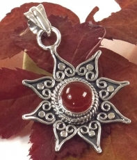 Ethno silver pendant, Brazilian sun pendant - carnelian