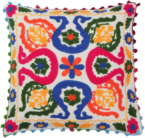 Boho Kissenhülle, farbenfrohes besticktes Folklore Kissen im mexikanischem Style - weiß/pink/blau - 40x40 cm