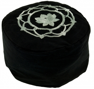 Besticktes Meditationskissen mit Dinkel Füllung - Lotus Mandala`schwarz - 15x25x25 cm Ø25 cm