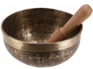 Klangschale, handgefertigt aus Nepal mit Gravur und buddhistisch / tibetischen Motiven, incl. Klöppel - Ø 14,5 cm Modell 10