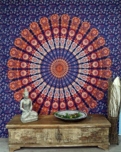 Boho-Style Wandbehang, indische Tagesdecke Mandala Druck- blau/orange/lila - 230x210 cm