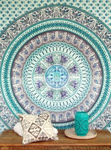 Boho-Style Wandbehang, indische Tagesdecke Mandala Druck- grün/türkis - 240x210 cm