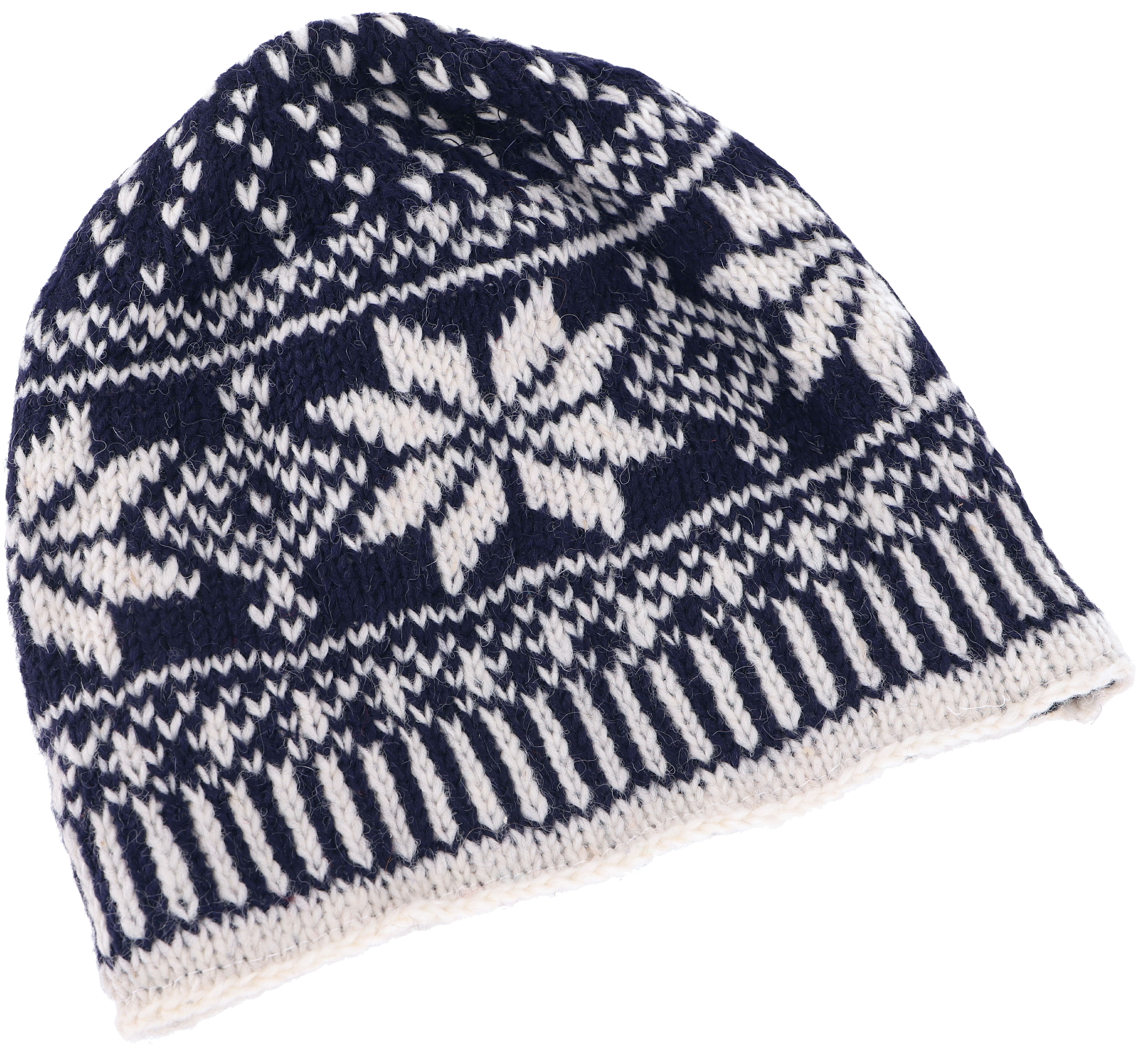 Mütze, Wollmütze dunkelblau/weiß aus handgestrickte mit Strickmütze, Wintermütze Norwegermuster - Nepal,