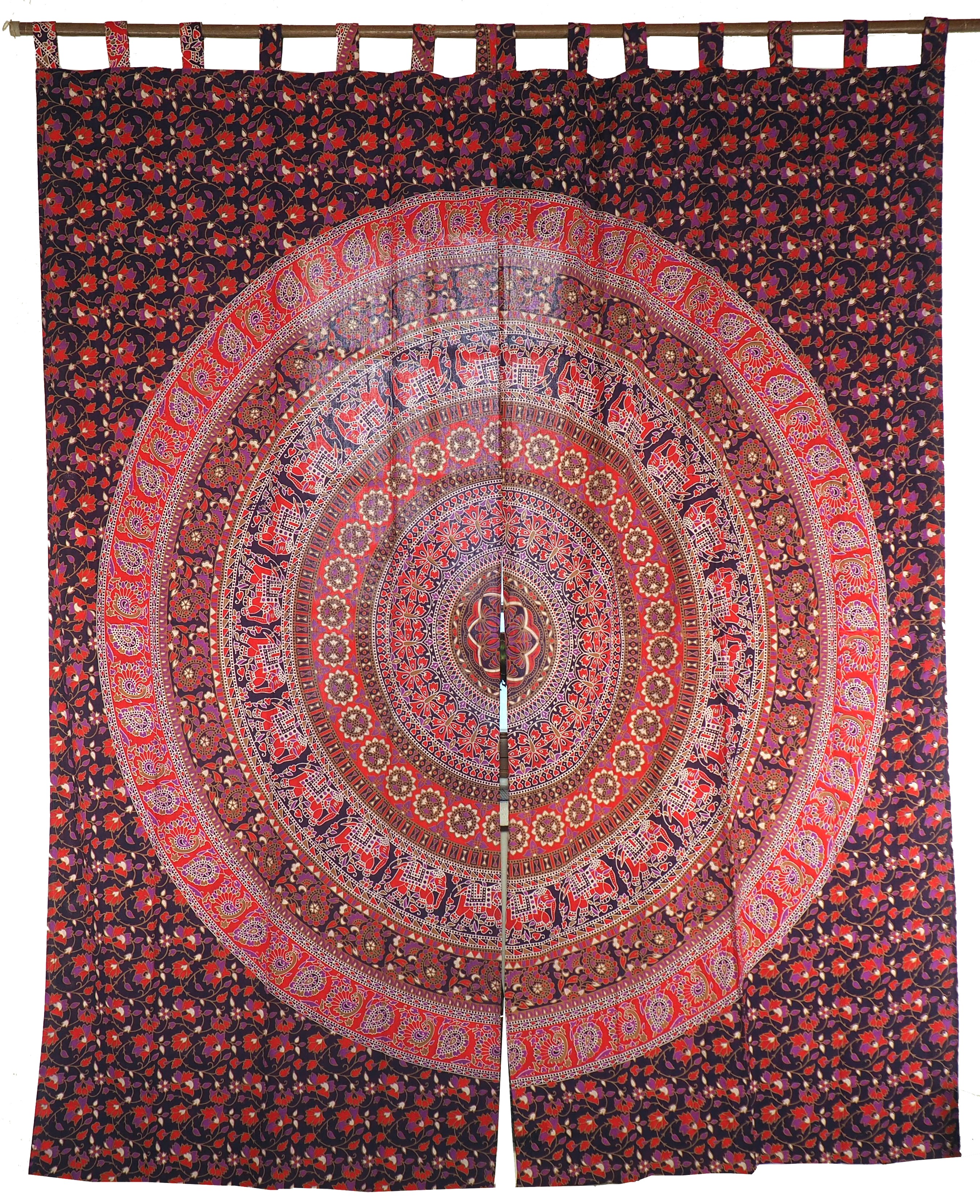 Vorhang-Gardine 1 Paar Vorhänge Gardinen Motiv Schlaufen mit Mandala lila-rot