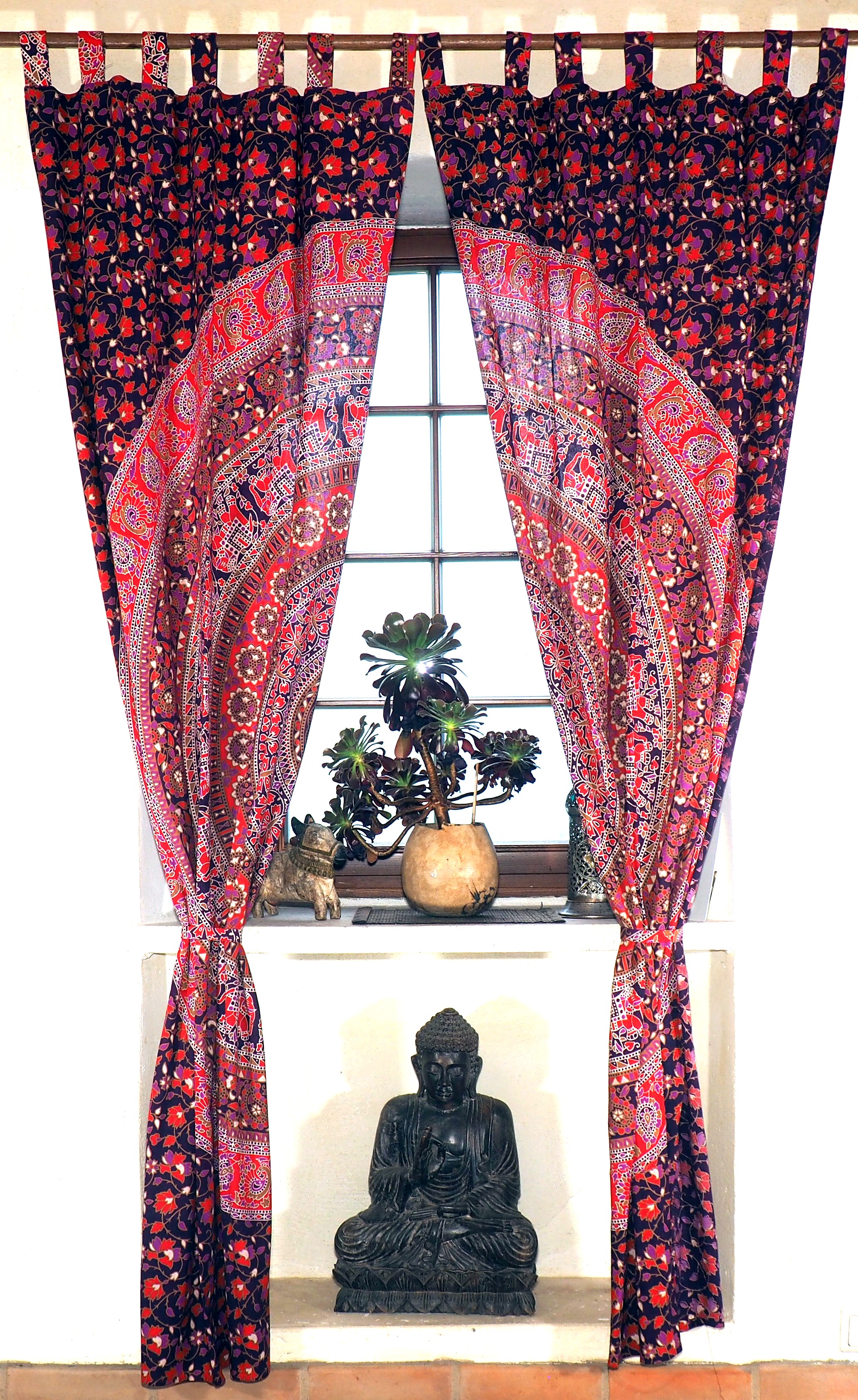 Vorhang-Gardine 1 Paar Vorhänge Gardinen Schlaufen Motiv mit Mandala lila-rot