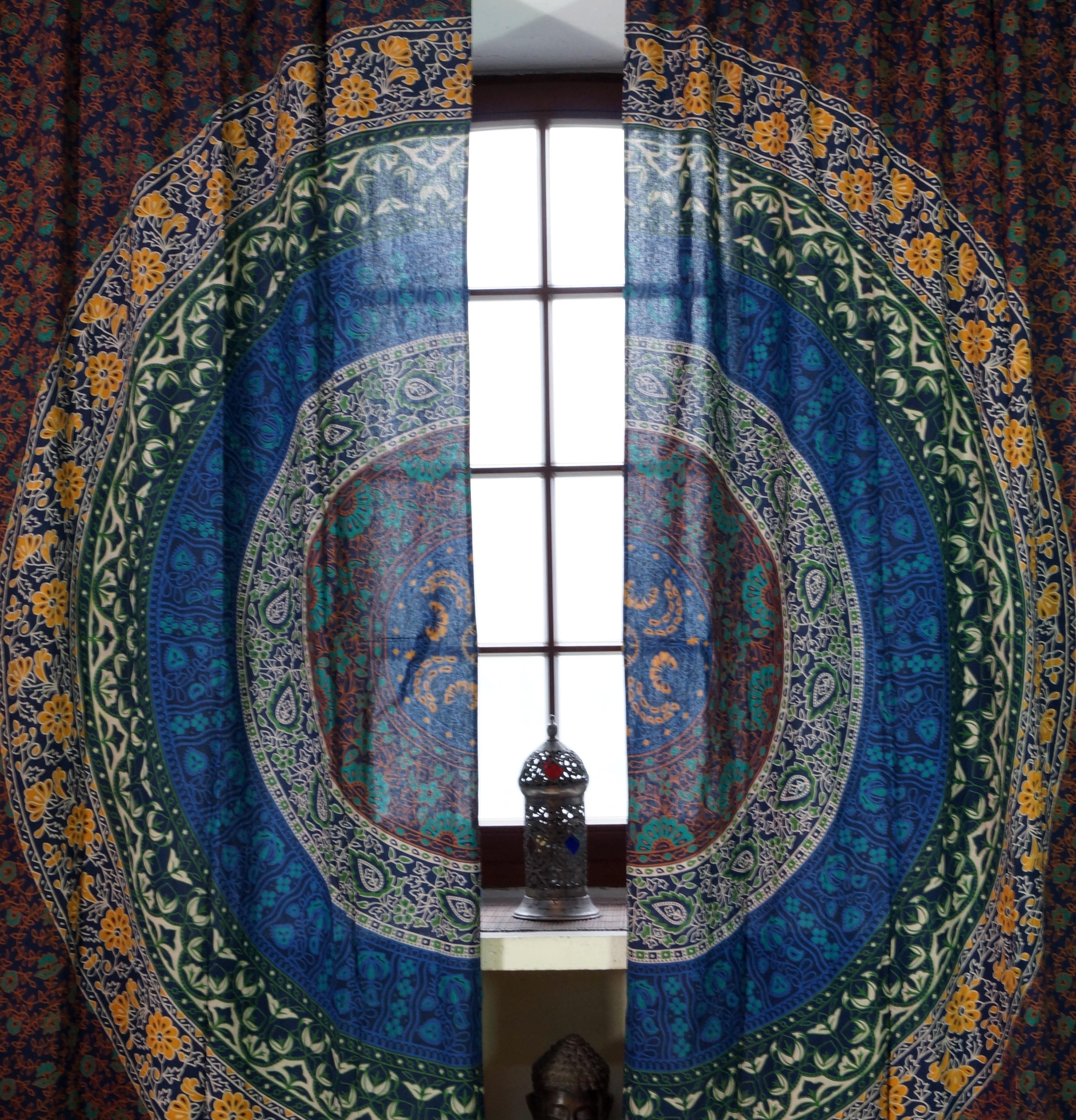 Vorhang-Gardine 1 Paar Vorhänge mit | Mandala blau-braun Motiv Gardinen Schlaufen Guru-Shop