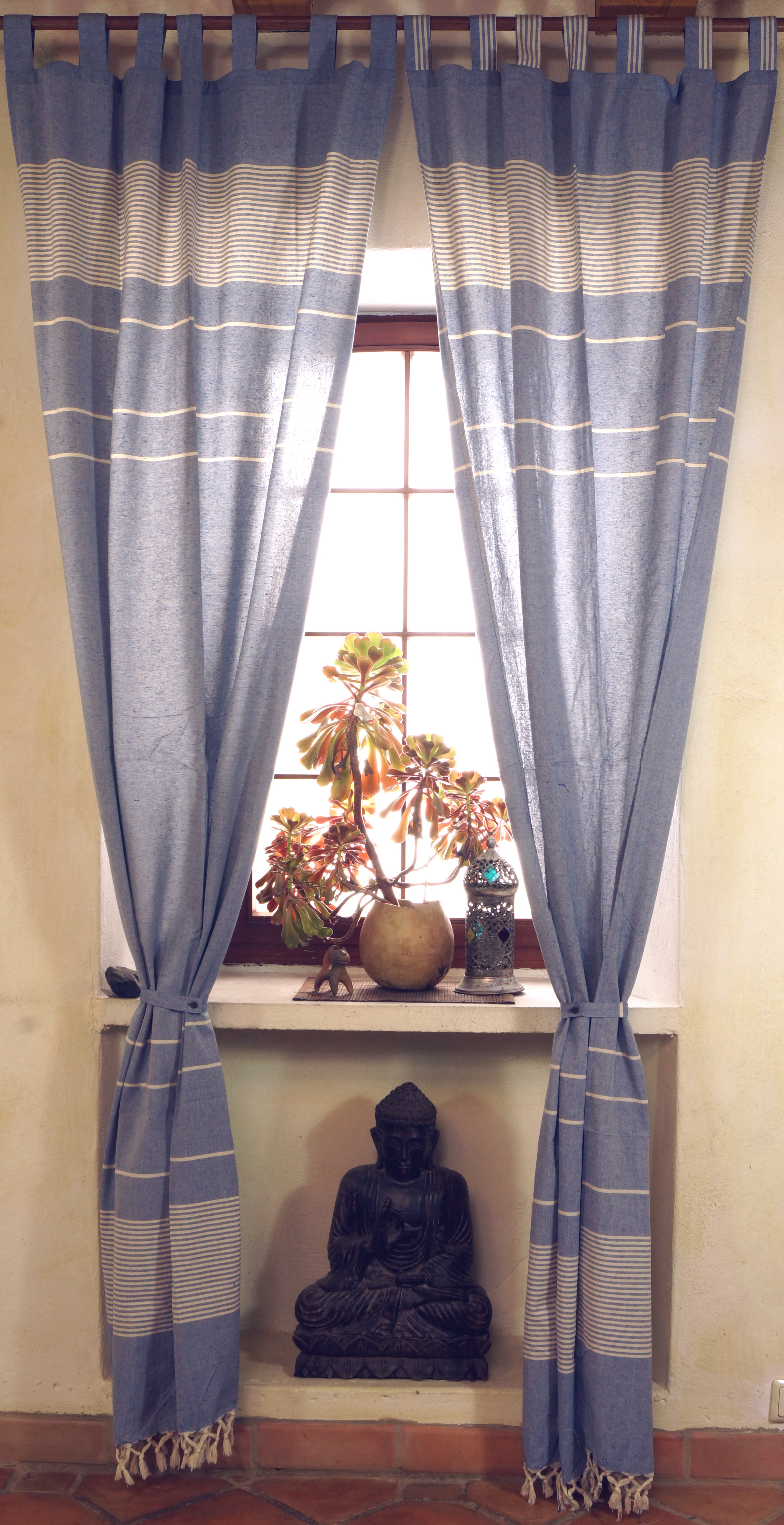Boho Vorhänge, Gardine (1 blau ethno Vorhang mit Paar Schlaufen, Style - )