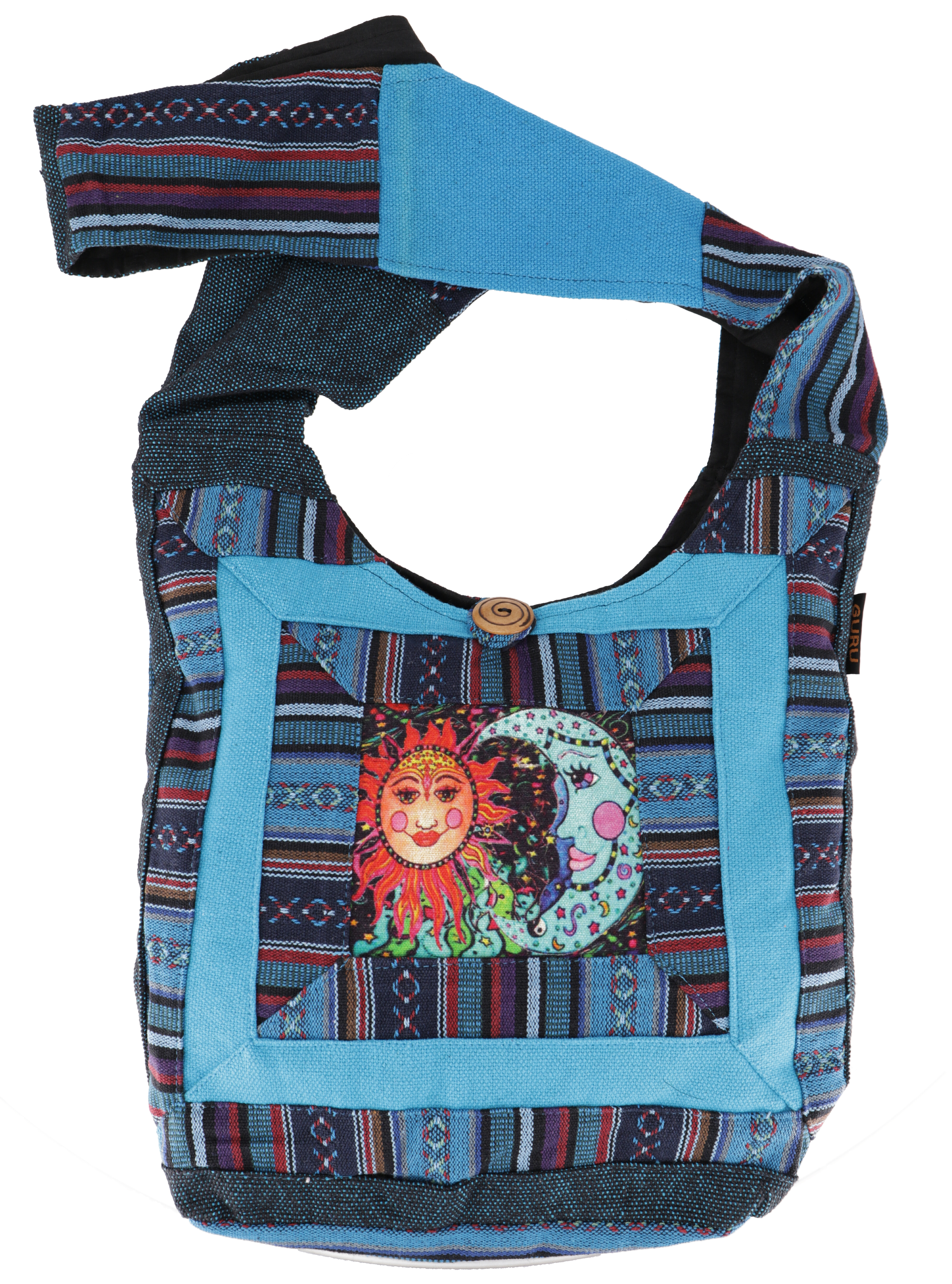 Schultertasche, Hippie Tasche, Goa Schulterbeutel mit Sonne und Mond - blau