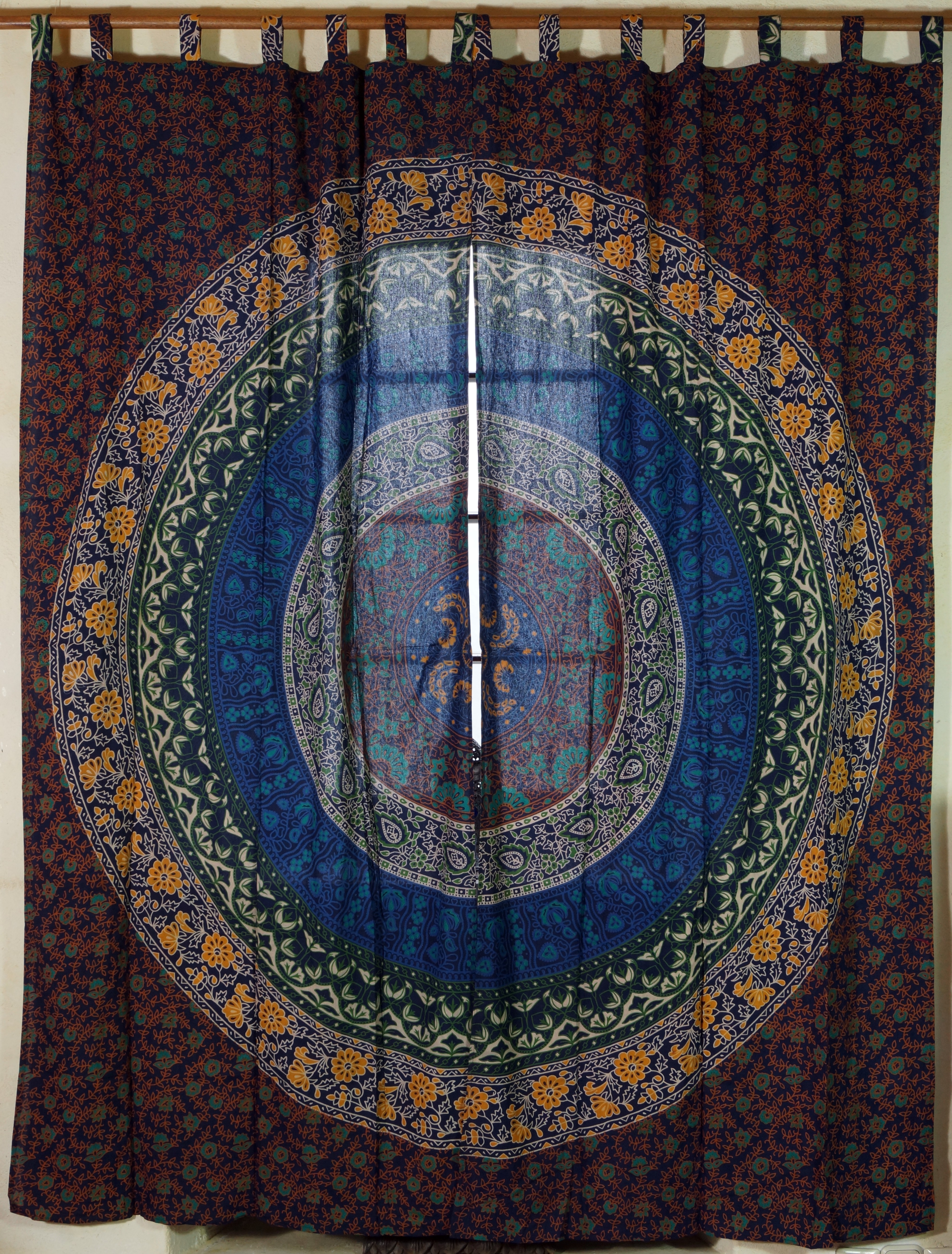 Vorhang-Gardine 1 Paar Vorhänge Gardinen mit Schlaufen Mandala Motiv blau-braun  | Guru-Shop