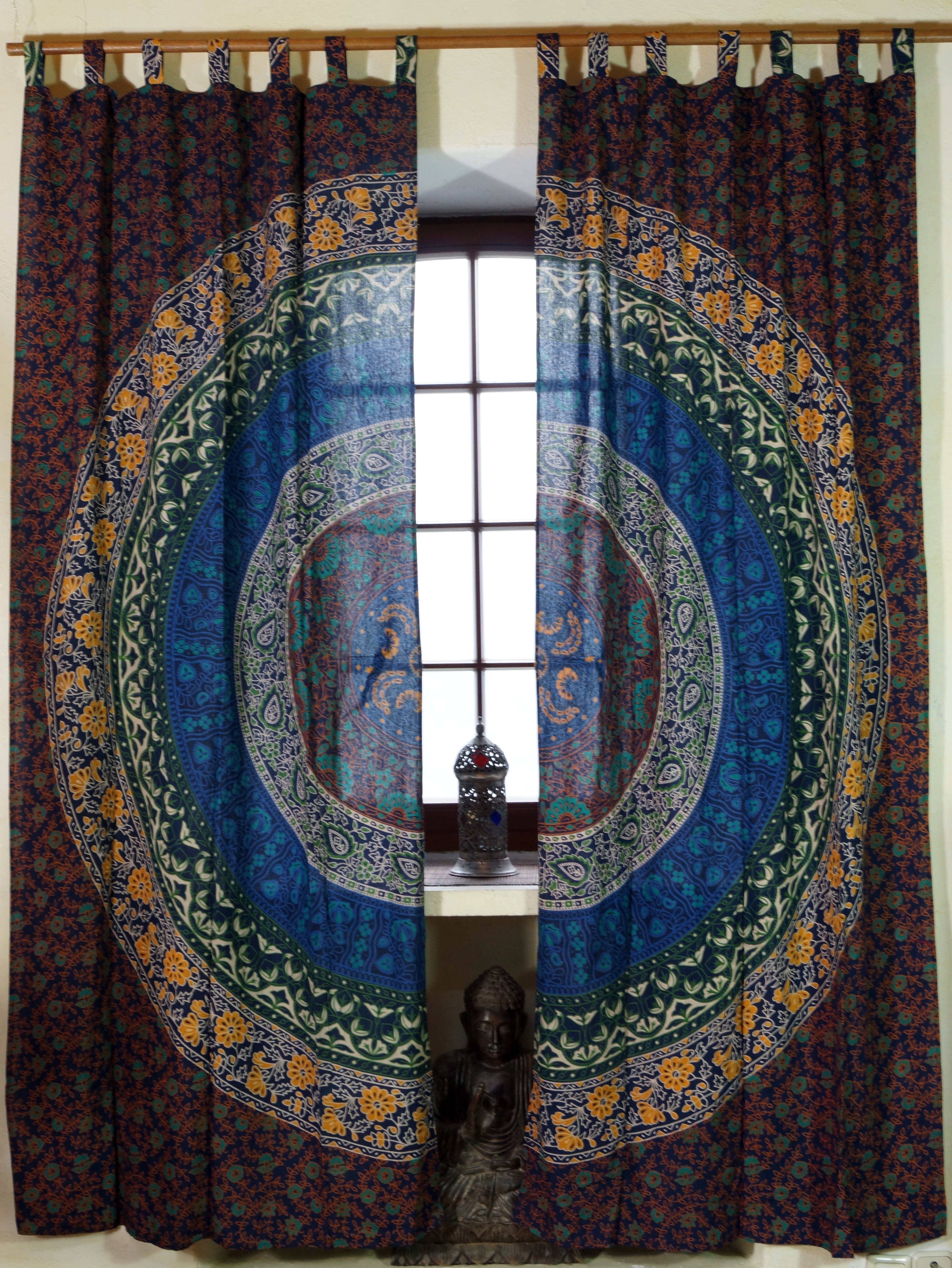 Vorhang-Gardine 1 Paar Vorhänge Gardinen mit Schlaufen Mandala Motiv blau-braun  | Guru-Shop