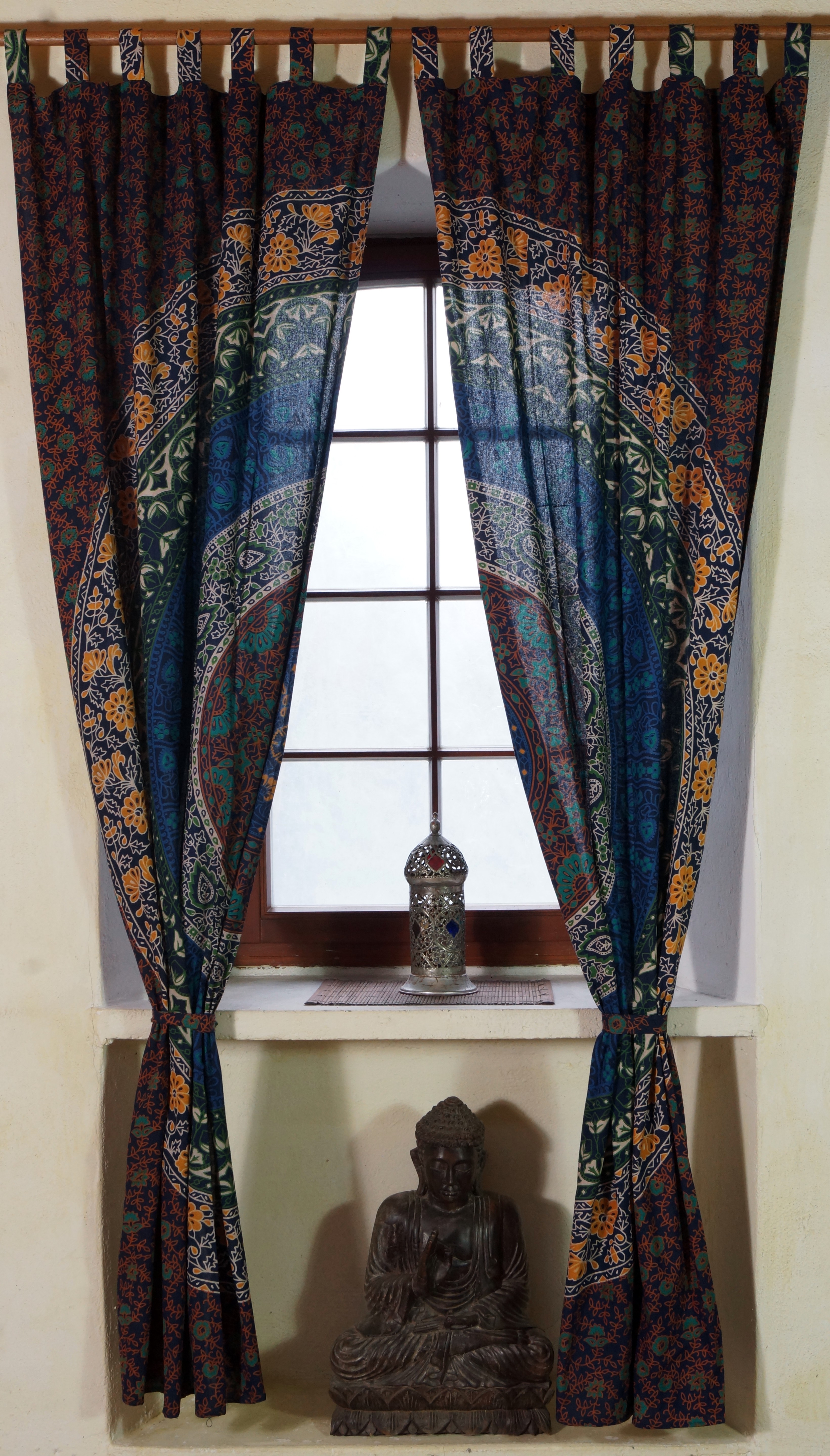 Mandala Vorhang-Gardine Paar | mit Gardinen 1 Vorhänge blau-braun Schlaufen Guru-Shop Motiv