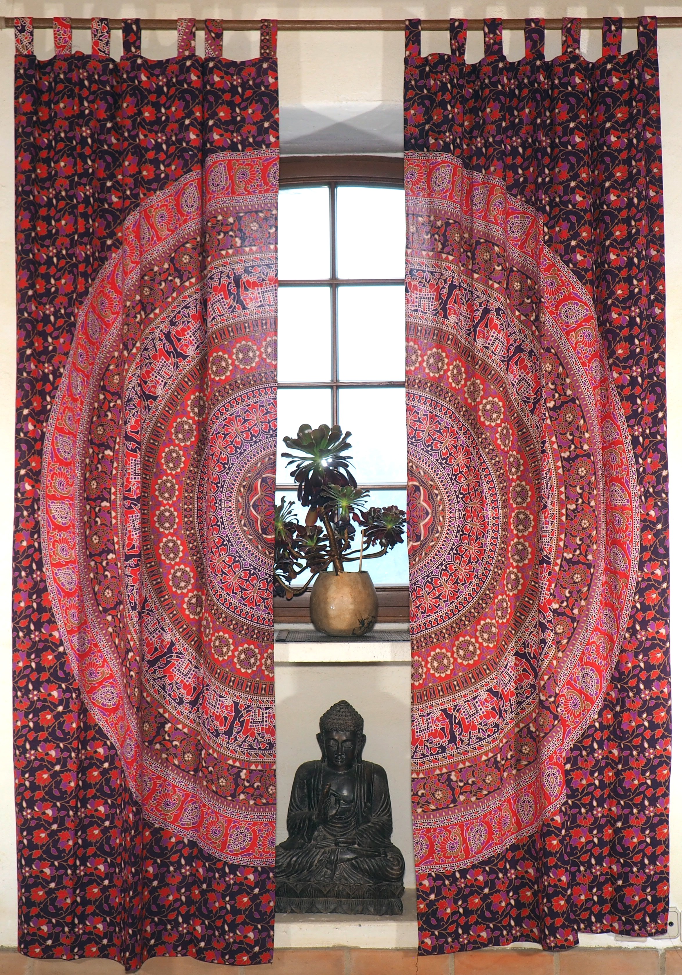 Schlaufen Gardinen Motiv lila-rot Vorhänge mit Mandala Vorhang-Gardine 1 Paar