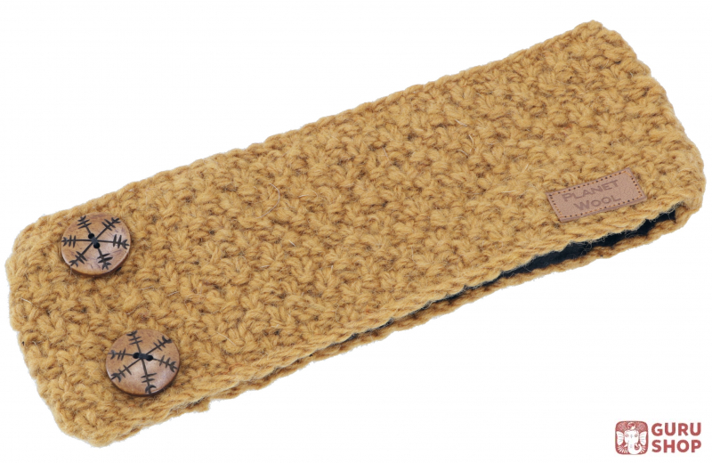 Woll-Strick-Stirnband mit hübschen Schneeflockenknöpfen, handgestrickter Ohrenwärmer - senfgelb