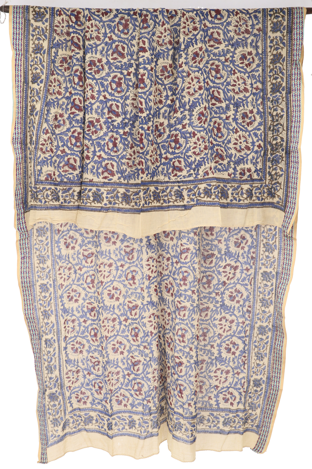 Leichter Pareo, Sarong, handbedrucktes Baumwolltuch, Lungi mit Webbord�re - blau/bordeauxrot - 190x120 cm