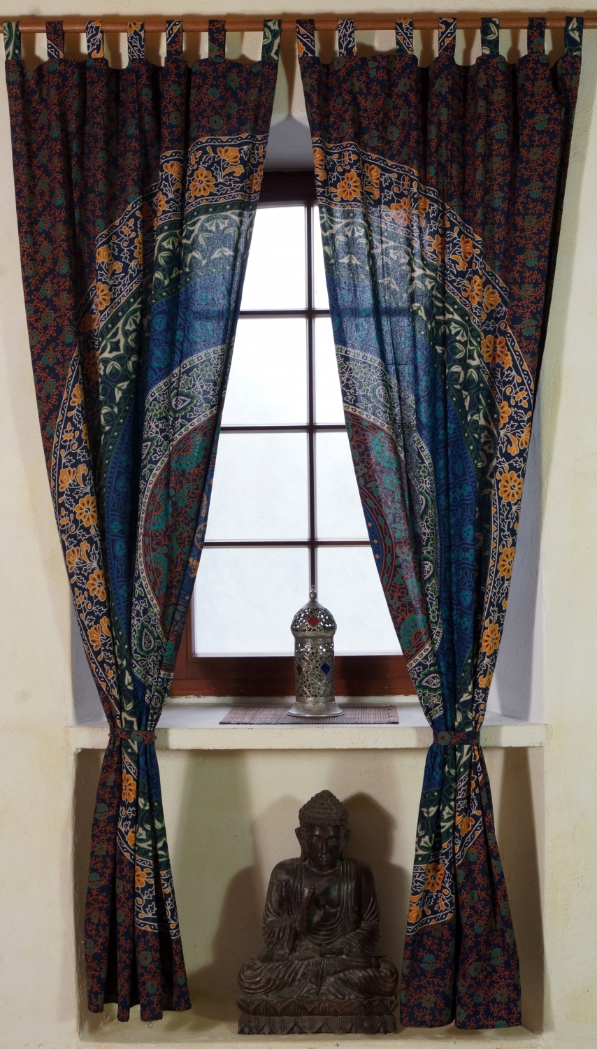 Guru-Shop | Paar Vorhänge Motiv Schlaufen 1 mit Mandala blau-braun Vorhang-Gardine Gardinen