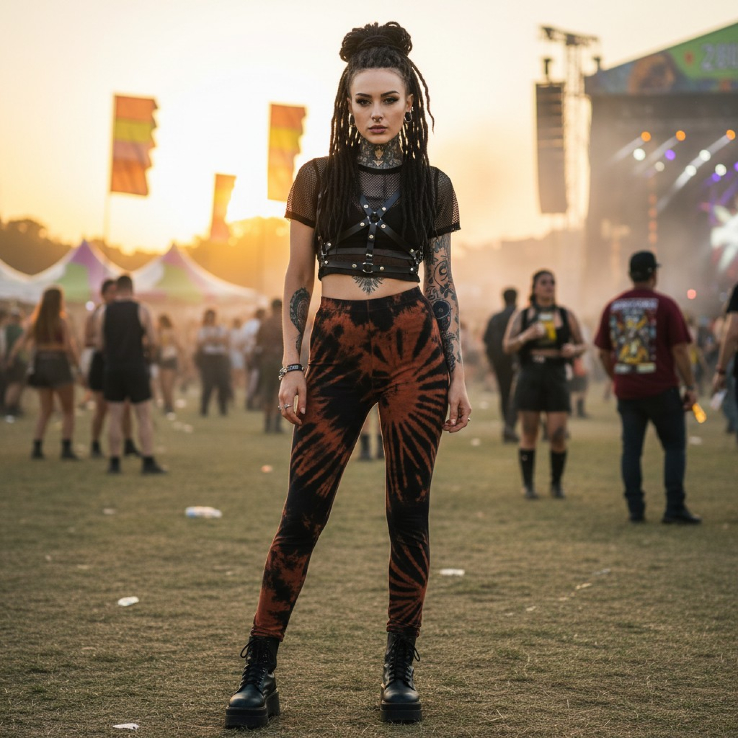 Unikat Batik Damen Leggings, Stretch Hose f�r Frauen, Yogahose - schwarz/rostbraun