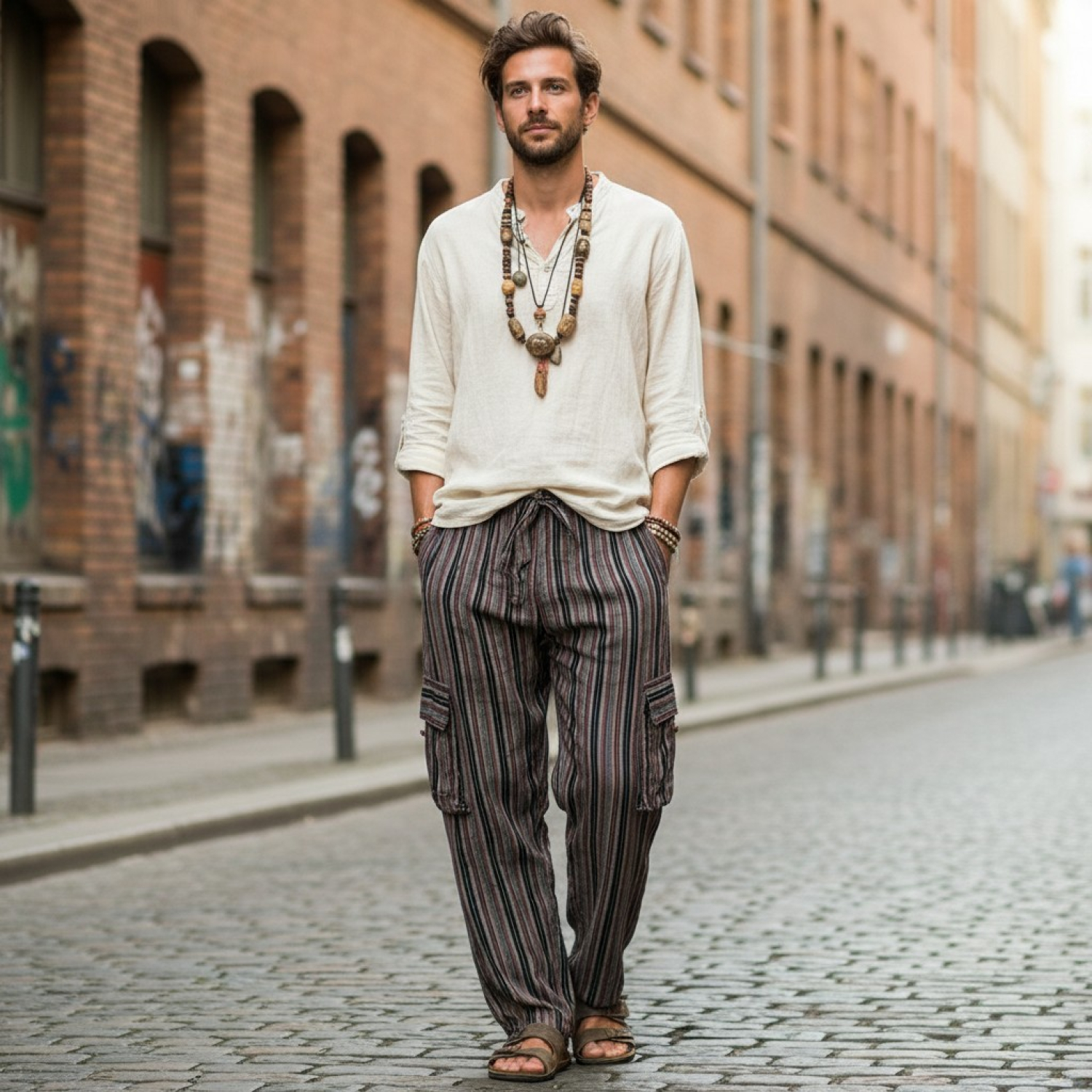 Striped yoga pants, unisex cotton goa pants - black/brown