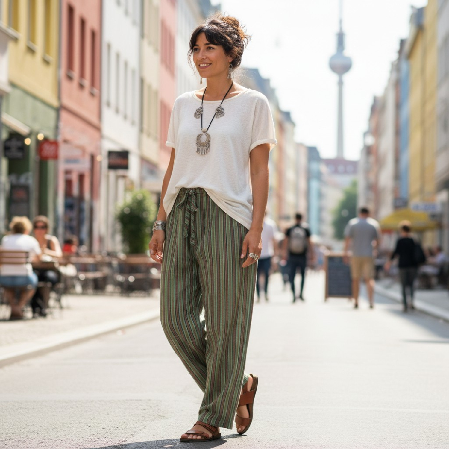 Gestreifte Yogahose, Unisex Baumwoll-Goa-Hose - gr�n